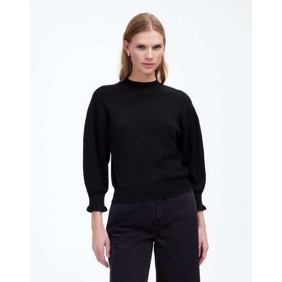 NWT Madewell Merino Wool Ruffle Mock Neck Sweater in Black Size XS - Picture 2 of 15